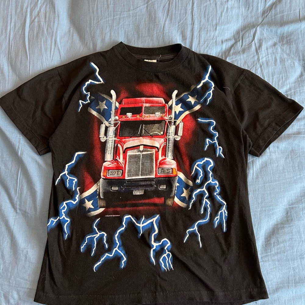 Vintage 90s Truckers Lighting AOP T Shirt Size Large Made In USA Y2K Racing - Picture 1 of 5